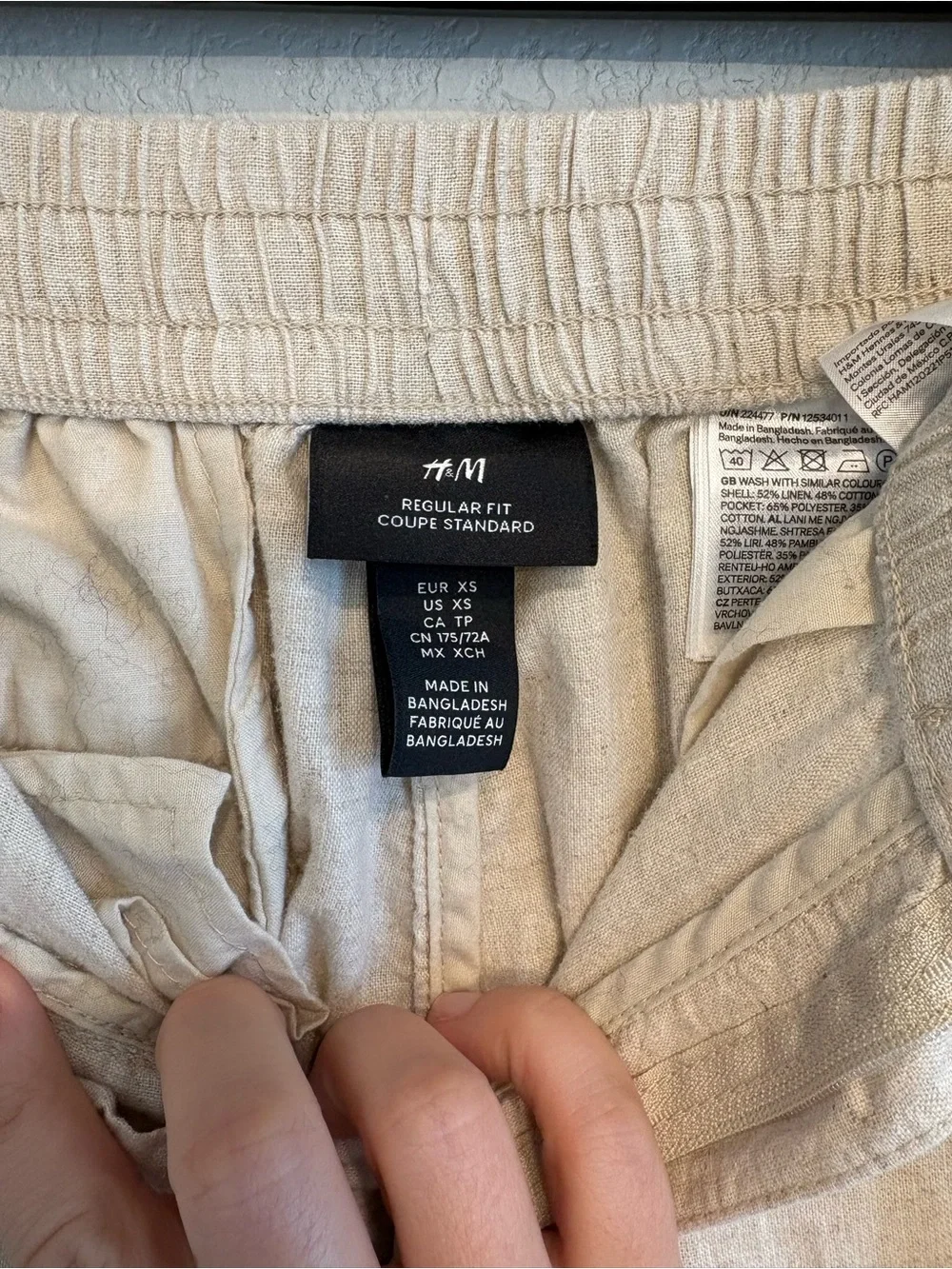 H&M Linen Blend Drawstring Pants XS Beige Oatmeal Pull On Tapered Casual